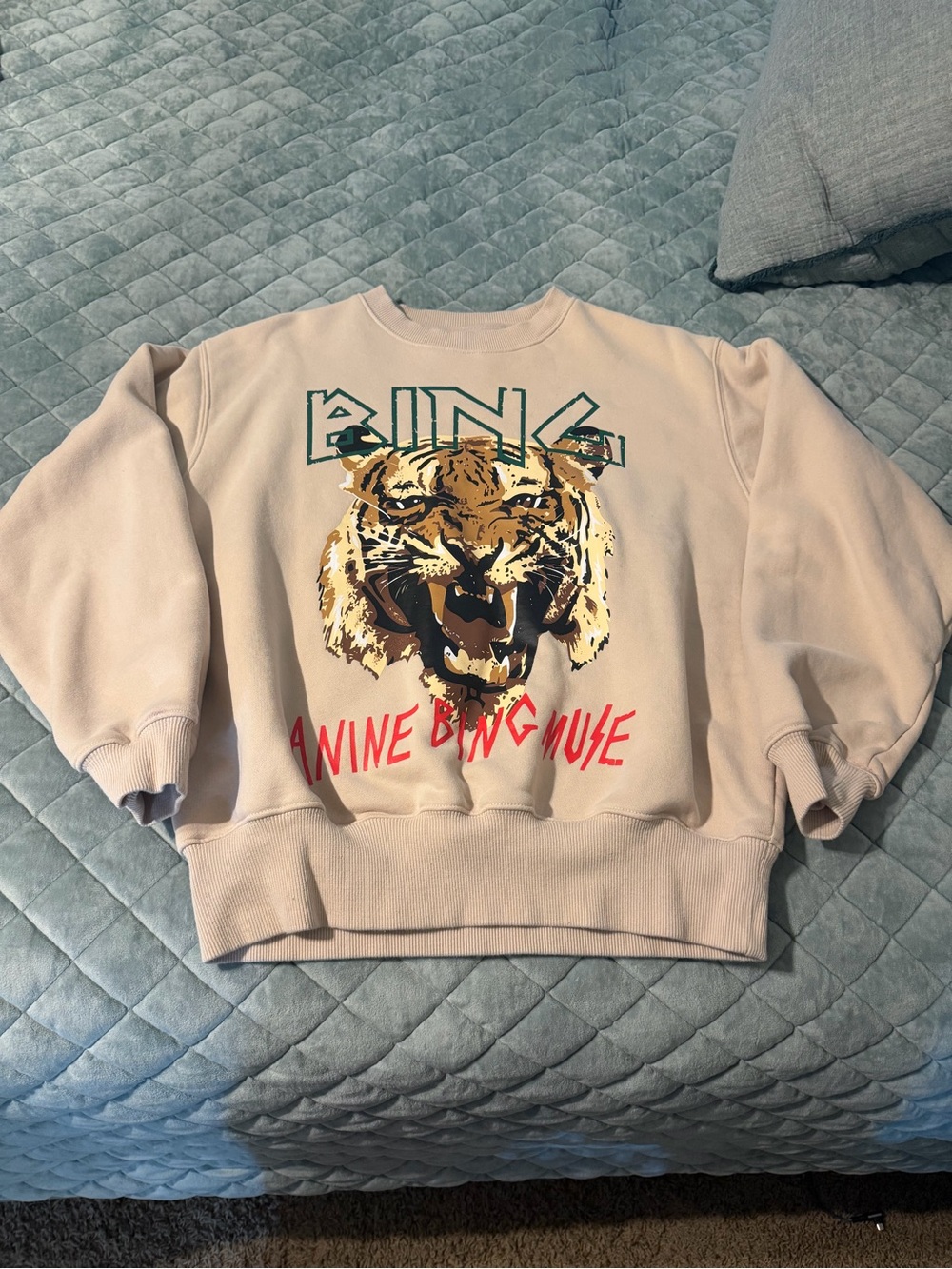 Anine Bing Beige Graphic Tiger Crewneck with Red Script